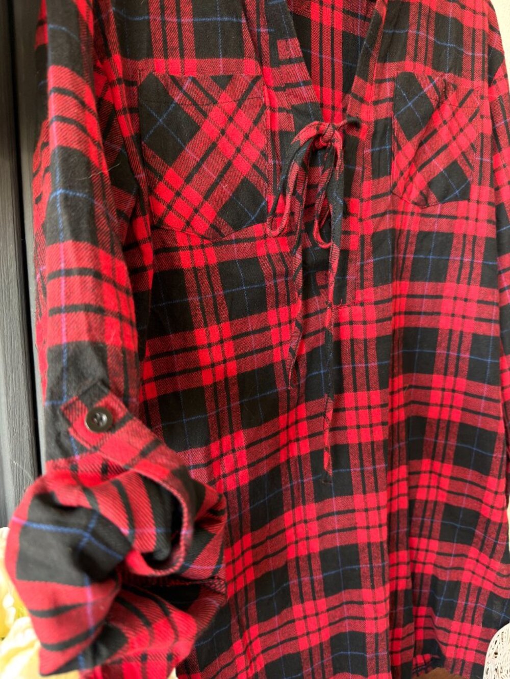 CBR Red Black Plaid Lace Up Tunic Top Roll Tab Sleeves.    (D) - Picture 5 of 5